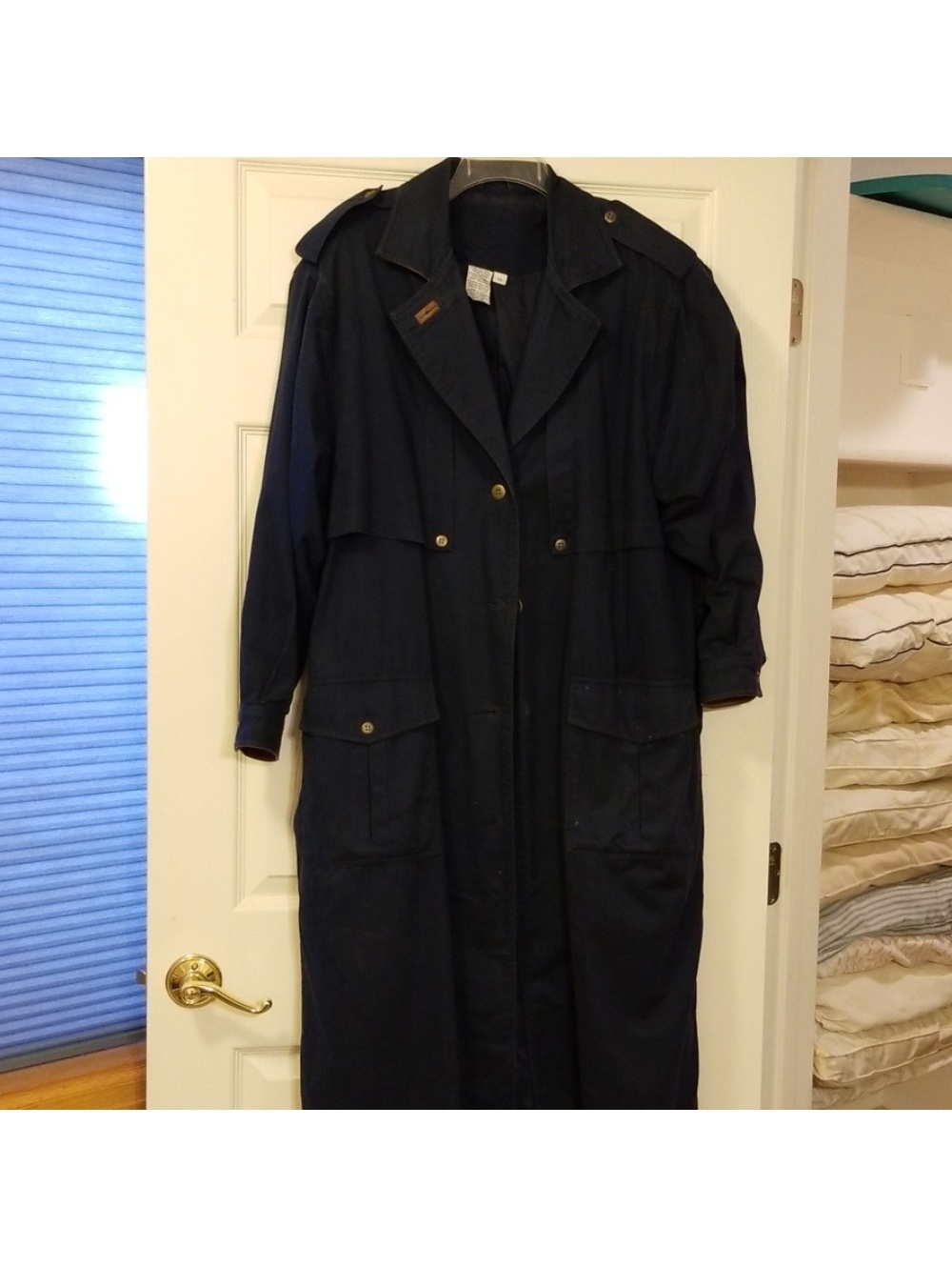 Together Women's Long Navy Blue Trench Coat with Leather Accents Size 14
